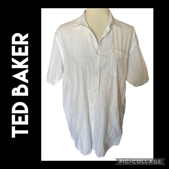 Ted Baker Men's White Linen Short Sleeve  Button-Down Shirt Size 5 - Picture 1 of 11